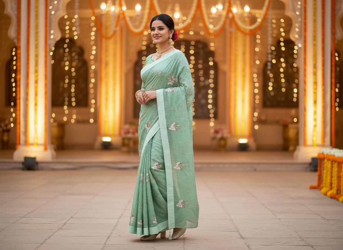 Lily-Elegant Embroidered Organza Silk Saree with Floral Motifs-Organza Silk