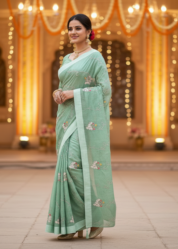 Lily-Elegant Organza Silk Embroidered  Saree with Floral Motifs