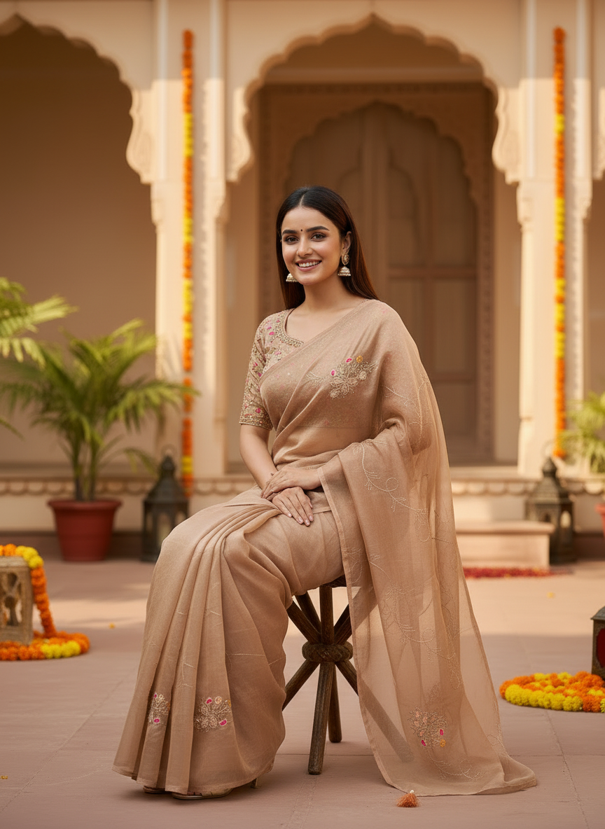 Lily-Elegant Embroidered Organza Silk Saree with Floral Motifs-Organza Silk