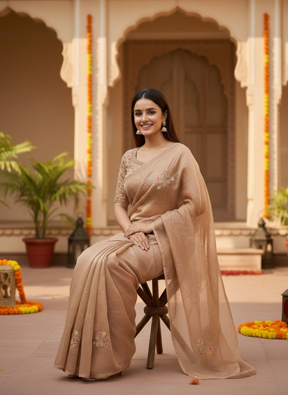 Lily-Elegant Organza Silk Embroidered  Saree with Floral Motifs