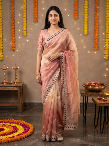Organza Designer Saree with Embroidered Border 💜
