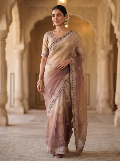 Organza Designer Saree with Embroidered Border 💜