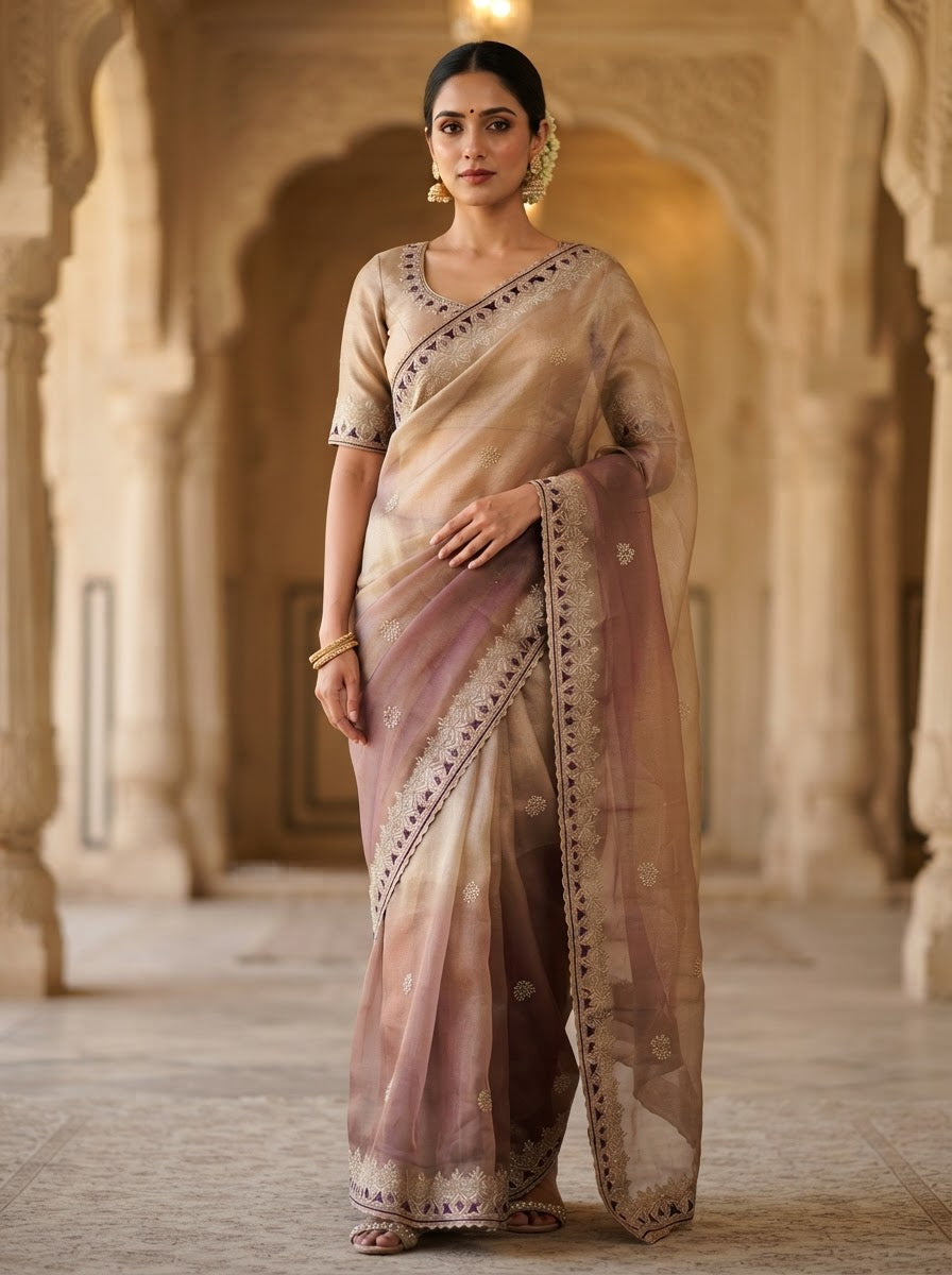 Organza Designer Saree with Embroidered Border 💜