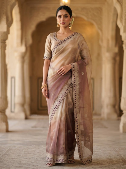 Organza Designer Saree with Embroidered Border 💜