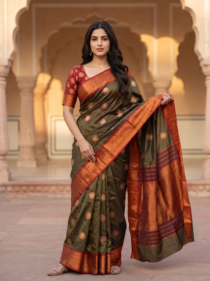 Vishwasundari Premium Silk Saree with Zari Woven Motifs & Traditional Pallu
