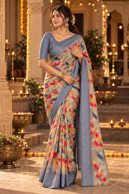 Modal Silk Saree with Printed Border & Blouse