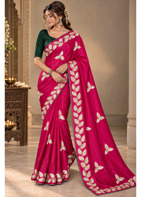 Kalpatru Satin Silk Saree with Embroidered Leaf Border & Blouse