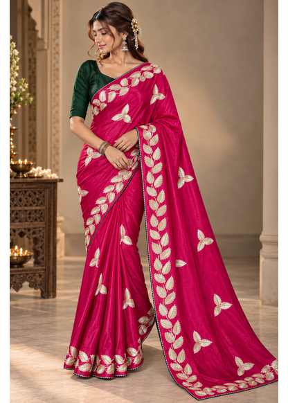 Kalpatru Satin Silk Saree with Embroidered Leaf Border & Blouse