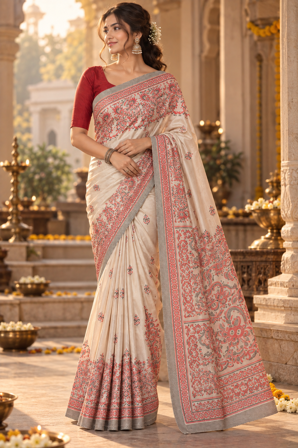Modal Silk Saree with Printed Border & Blouse