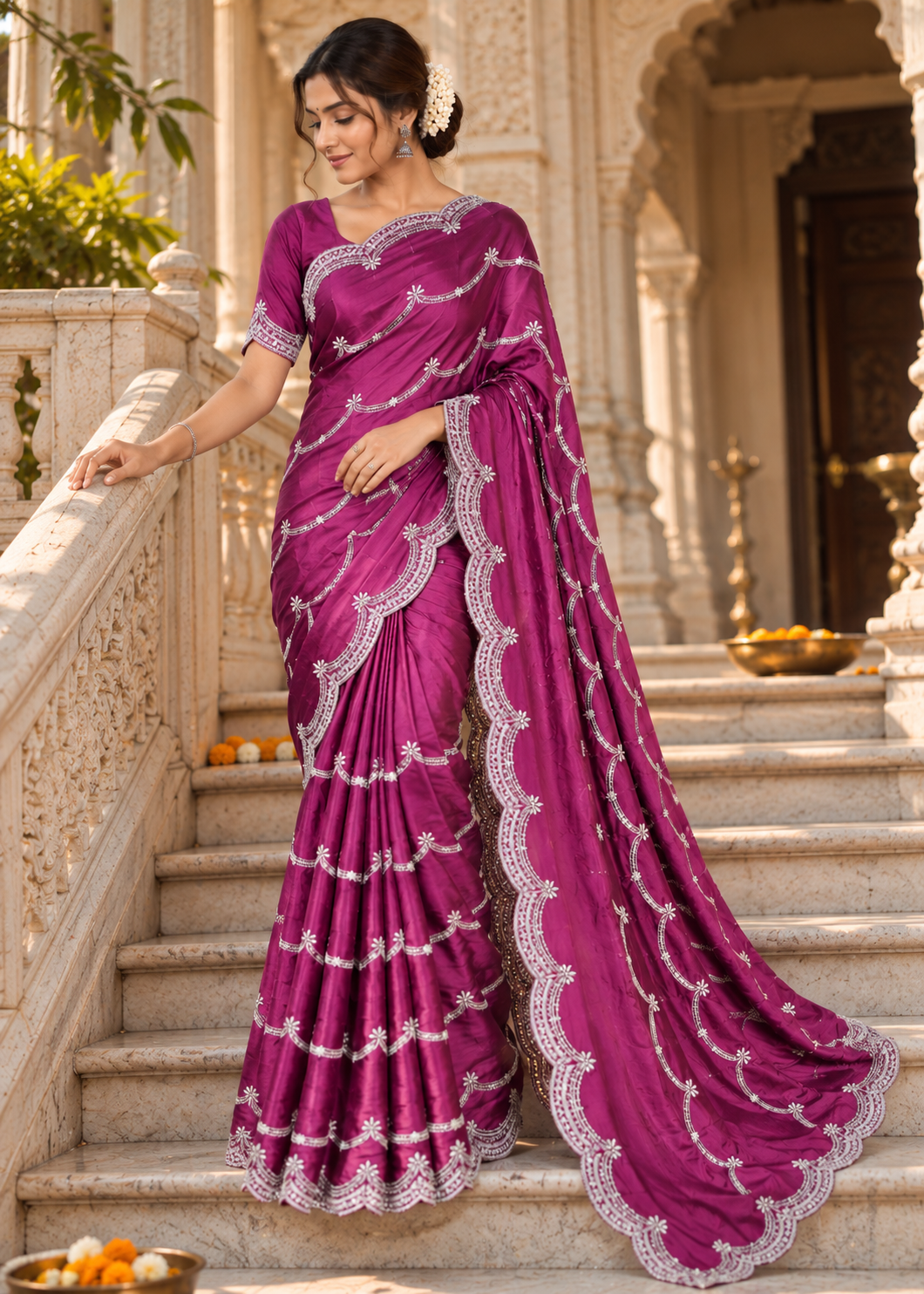 Satin Saree with Embroidered Scalloped Border & Blouse
