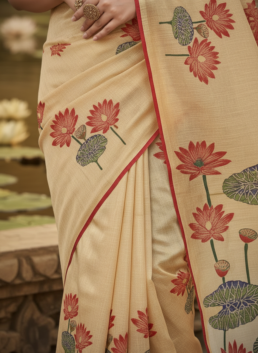 Khushi Beige Lotus Print Saree with Contrast Border-Cotton