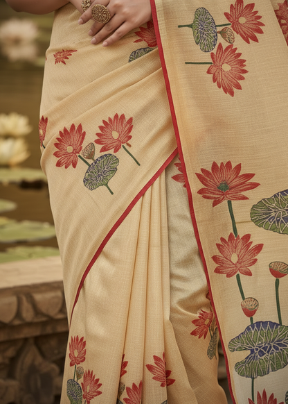 Khushi | Beige Lotus Print Cotton Blend / Linen-Look Saree 🌸✨