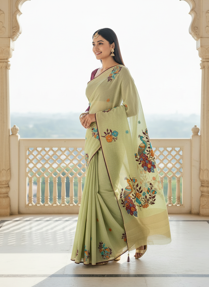 Khushi  | Pastel Green Cotton Silk / Linen Silk Look Peacock Saree 🌿✨