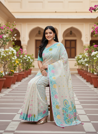 Khushi | Soft Cotton Blend Off- White Floral Printed Saree 🌸💙