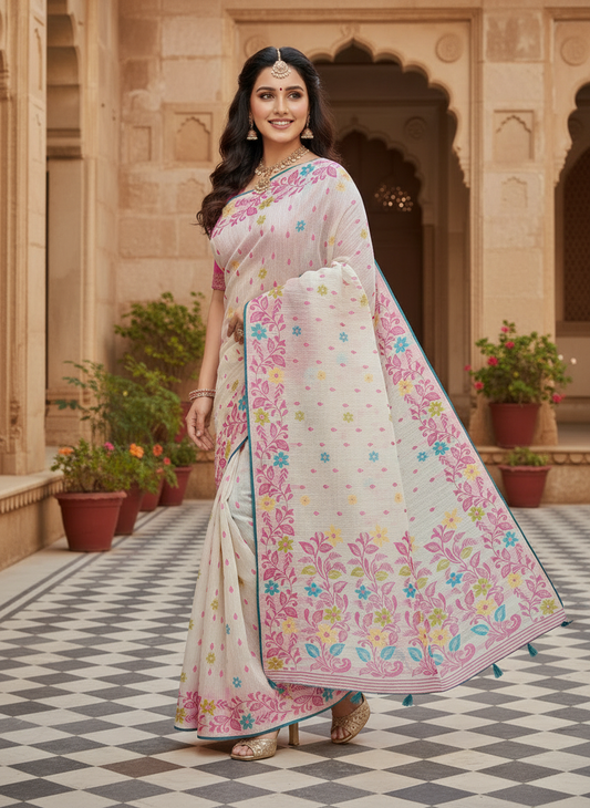 Khushi Off-White Floral Printed Saree with Pink Border