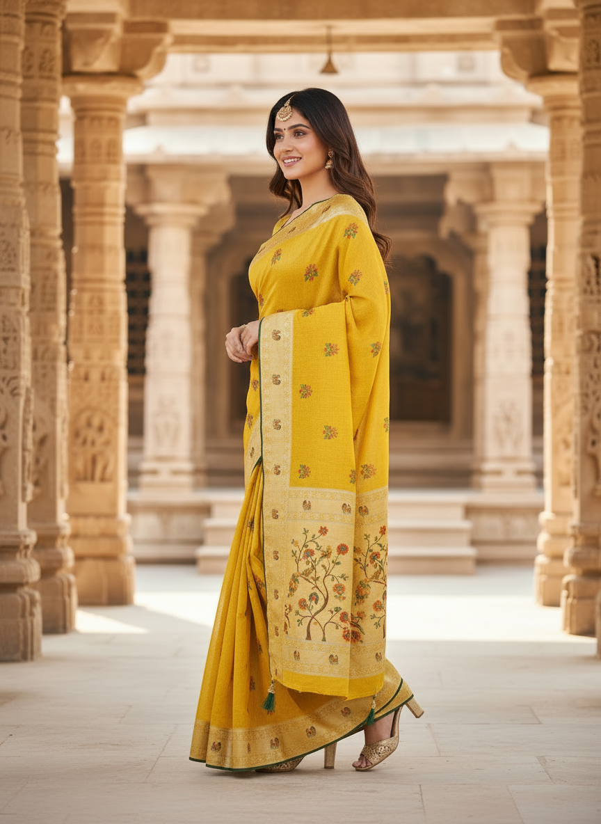 Khushi Mustard Yellow Floral Motif Saree with Traditional Border-Cotton