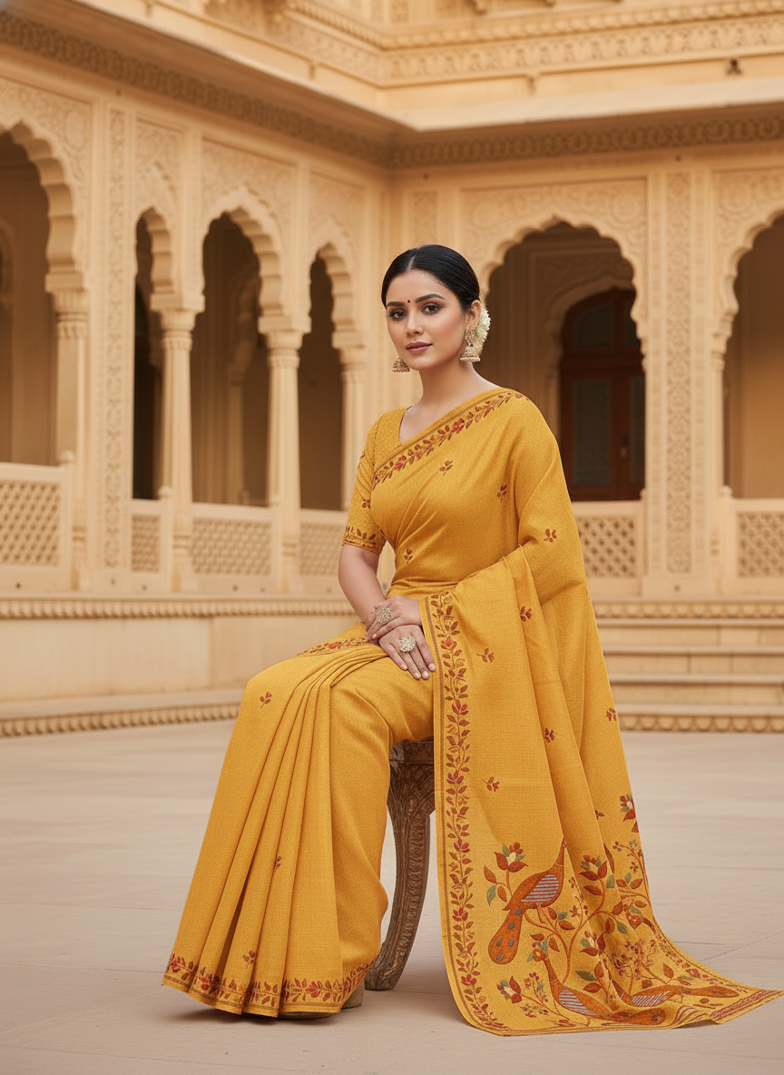 Khushi Mustard Yellow Peacock Motif Embroidered Cotton Saree