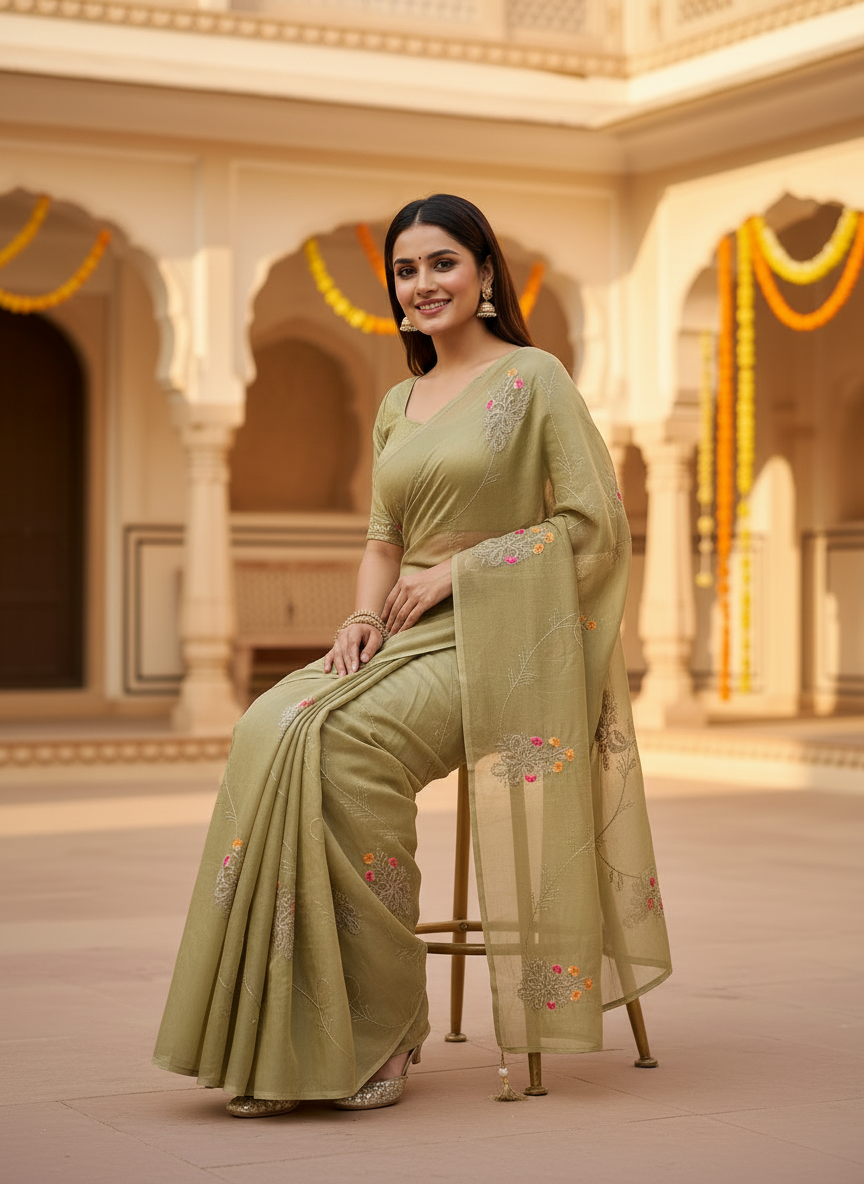 Lily-Elegant Embroidered Organza Silk Saree with Floral Motifs-Organza Silk