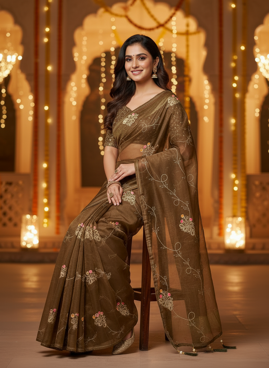 Lily-Elegant Embroidered Organza Silk Saree with Floral Motifs-Organza Silk