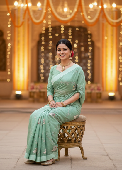 Lily-Elegant Organza Silk Embroidered  Saree with Floral Motifs