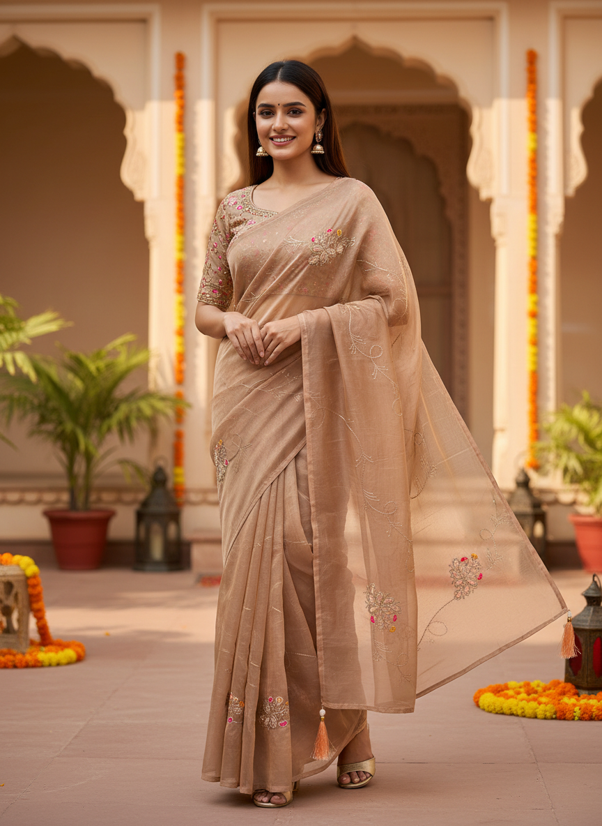 Lily-Elegant Embroidered Organza Silk Saree with Floral Motifs-Organza Silk