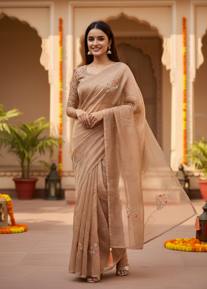 Lily-Elegant Organza Silk Embroidered  Saree with Floral Motifs