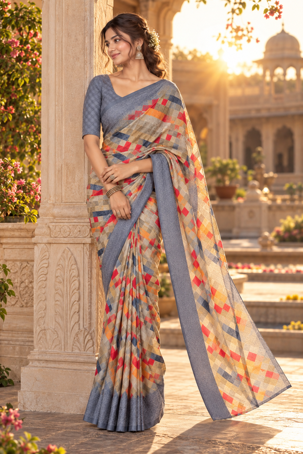 Modal Silk Saree with Printed Border & Blouse