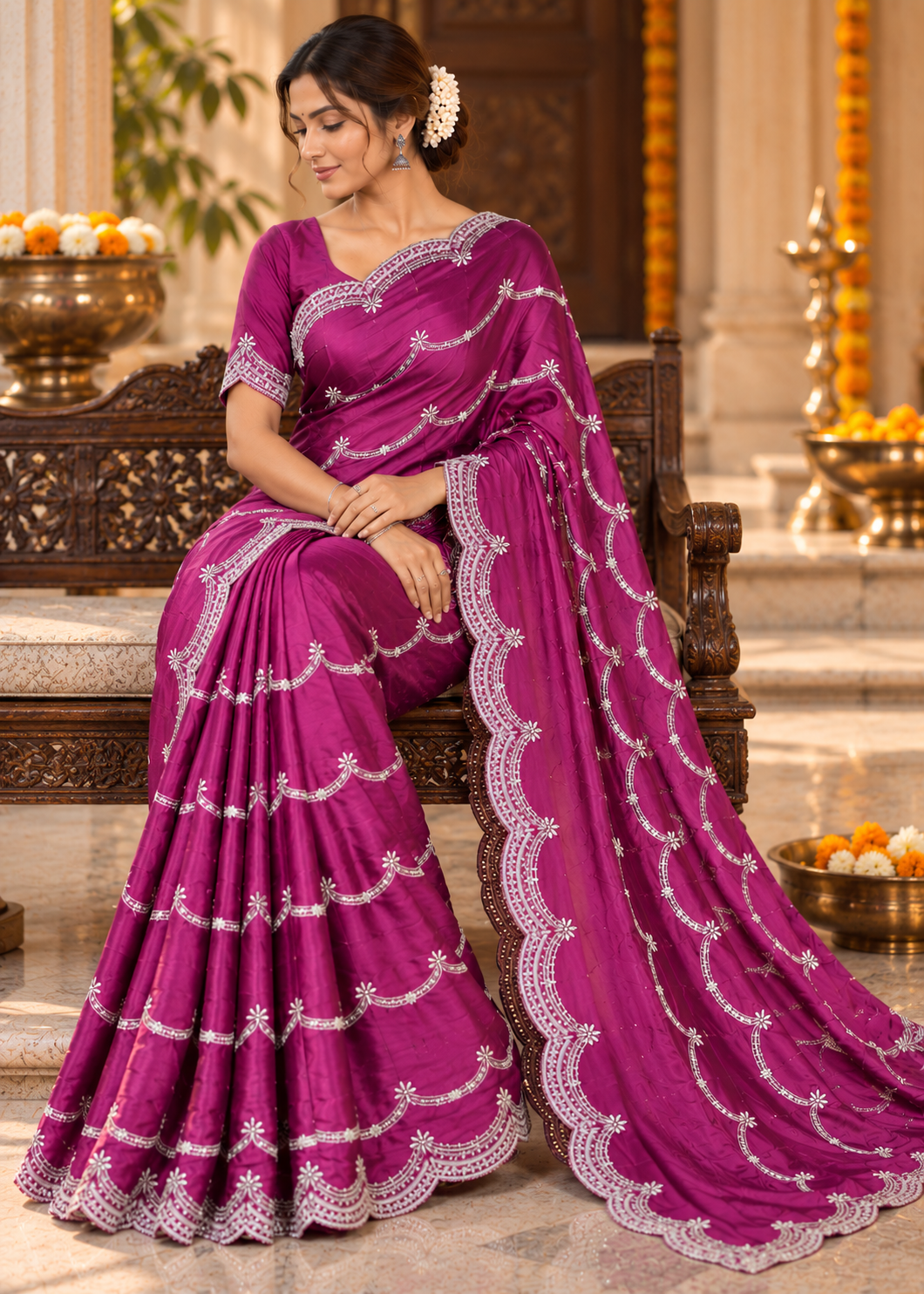 Satin Saree with Embroidered Scalloped Border & Blouse