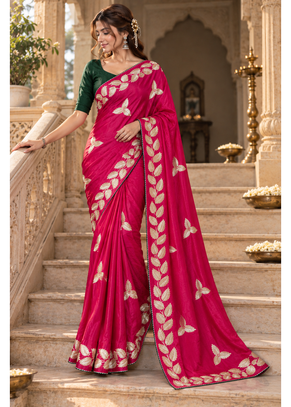Kalpatru Satin Silk Saree with Embroidered Leaf Border & Blouse