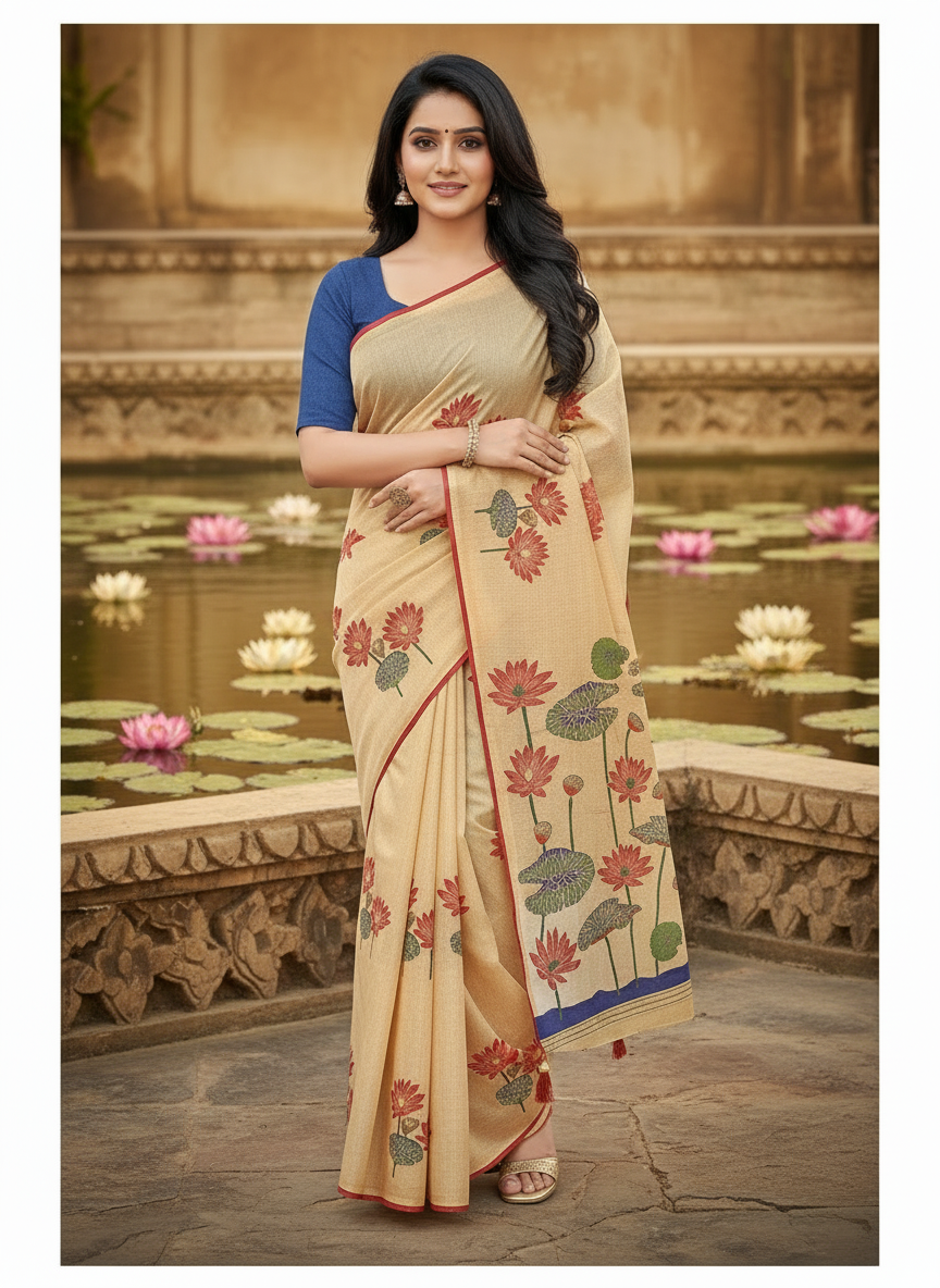 Khushi Beige Lotus Print Saree with Contrast Border-Cotton