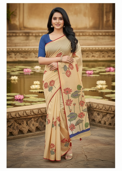 Khushi | Beige Lotus Print Cotton Blend / Linen-Look Saree 🌸✨