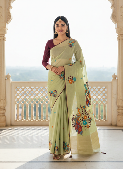 Khushi  | Pastel Green Cotton Silk / Linen Silk Look Peacock Saree 🌿✨