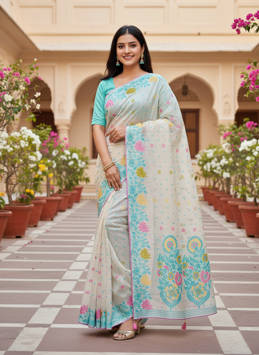 Khushi Pastel Floral Printed Off-White Saree