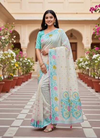 Khushi | Soft Cotton Blend Off- White Floral Printed Saree 🌸💙