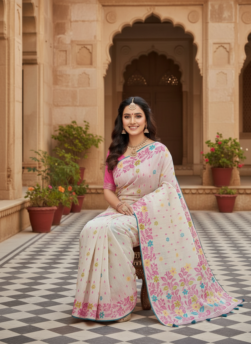 Khushi Off-White Floral Printed Saree with Pink Border