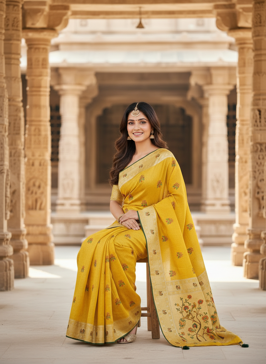 Khushi Mustard Yellow Floral Motif Saree with Traditional Border-Cotton