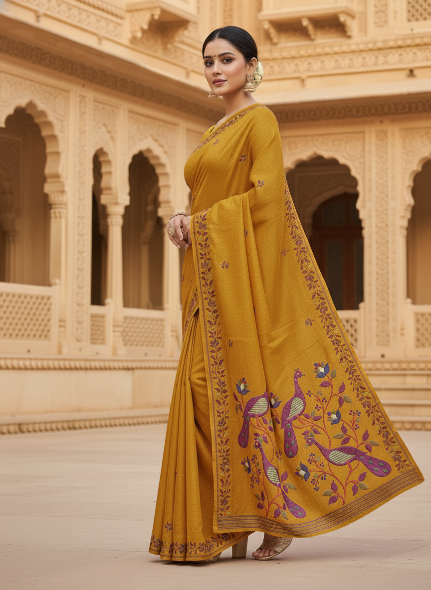 Khushi Mustard Yellow Peacock Motif Embroidered Cotton Saree