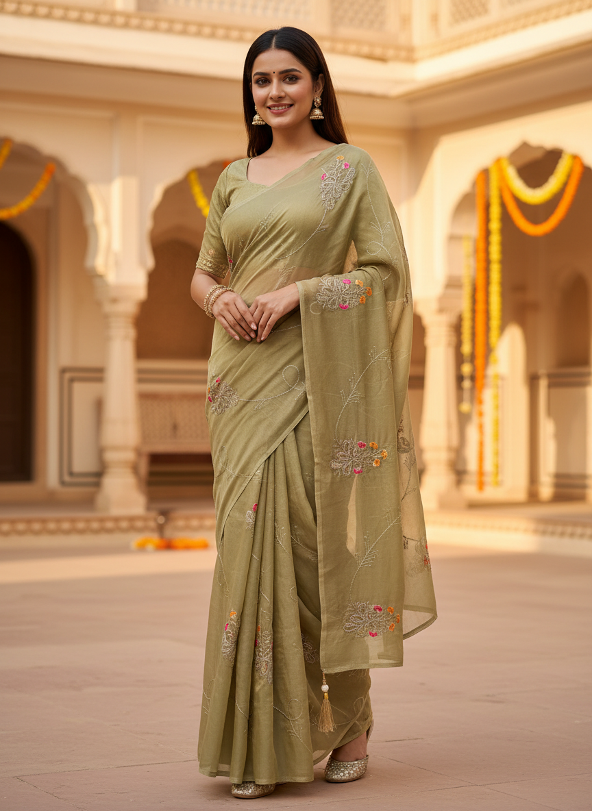 Lily-Elegant Embroidered Organza Silk Saree with Floral Motifs-Organza Silk