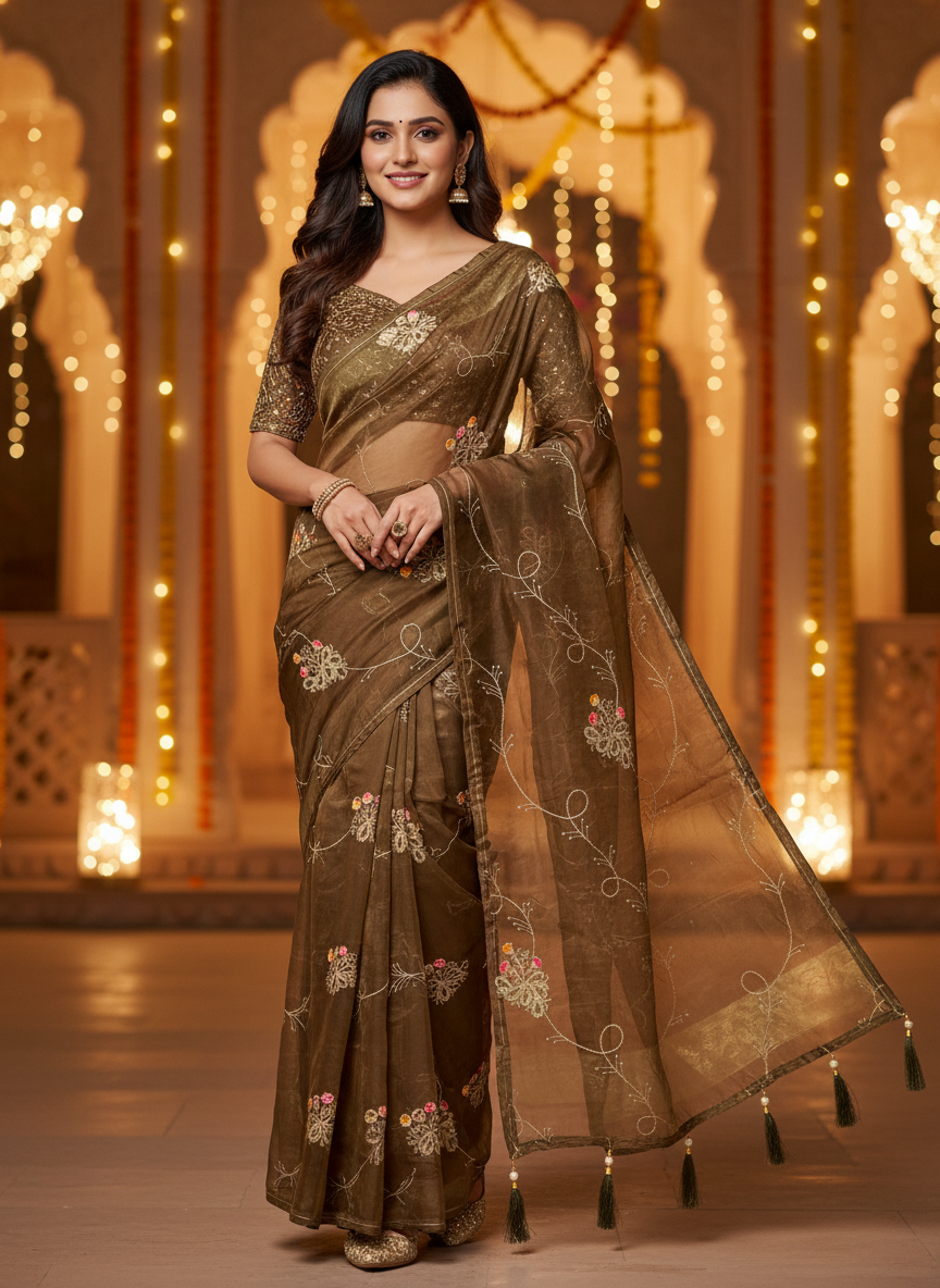Lily-Elegant Embroidered Organza Silk Saree with Floral Motifs-Organza Silk