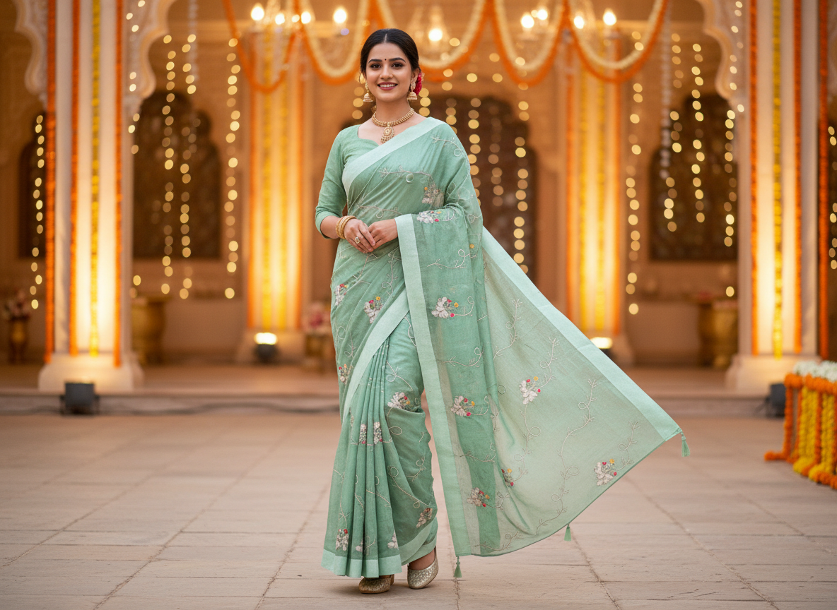 Lily-Elegant Embroidered Organza Silk Saree with Floral Motifs-Organza Silk