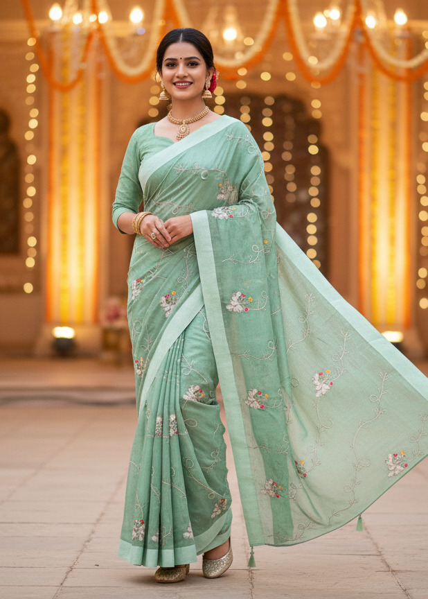 Lily-Elegant Organza Silk Embroidered  Saree with Floral Motifs