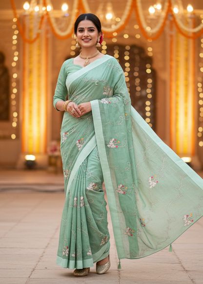Lily-Elegant Organza Silk Embroidered  Saree with Floral Motifs