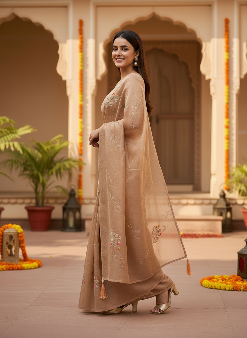 Lily-Elegant Embroidered Organza Silk Saree with Floral Motifs-Organza Silk