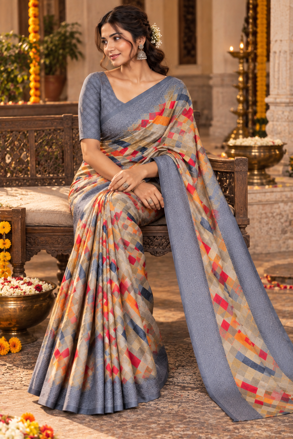 Modal Silk Saree with Printed Border & Blouse