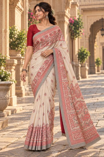 Modal Silk Saree with Printed Border & Blouse