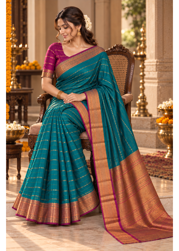 Bangalore Silk Saree with Zari Border & Unstitched Blouse