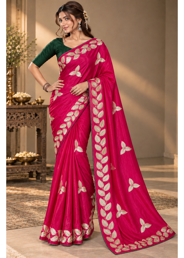 Kalpatru Satin Silk Saree with Embroidered Leaf Border & Blouse
