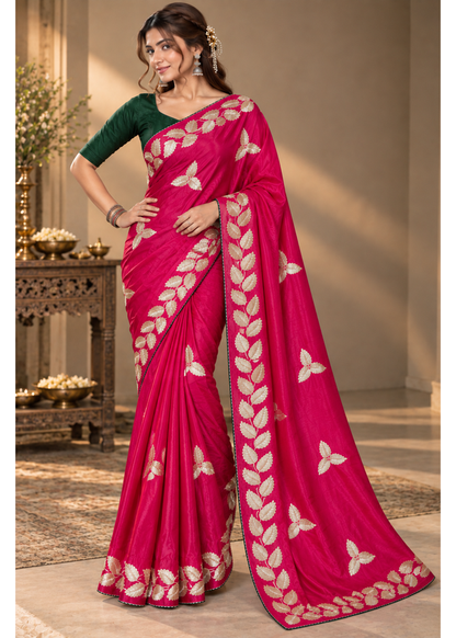 Kalpatru Satin Silk Saree with Embroidered Leaf Border & Blouse