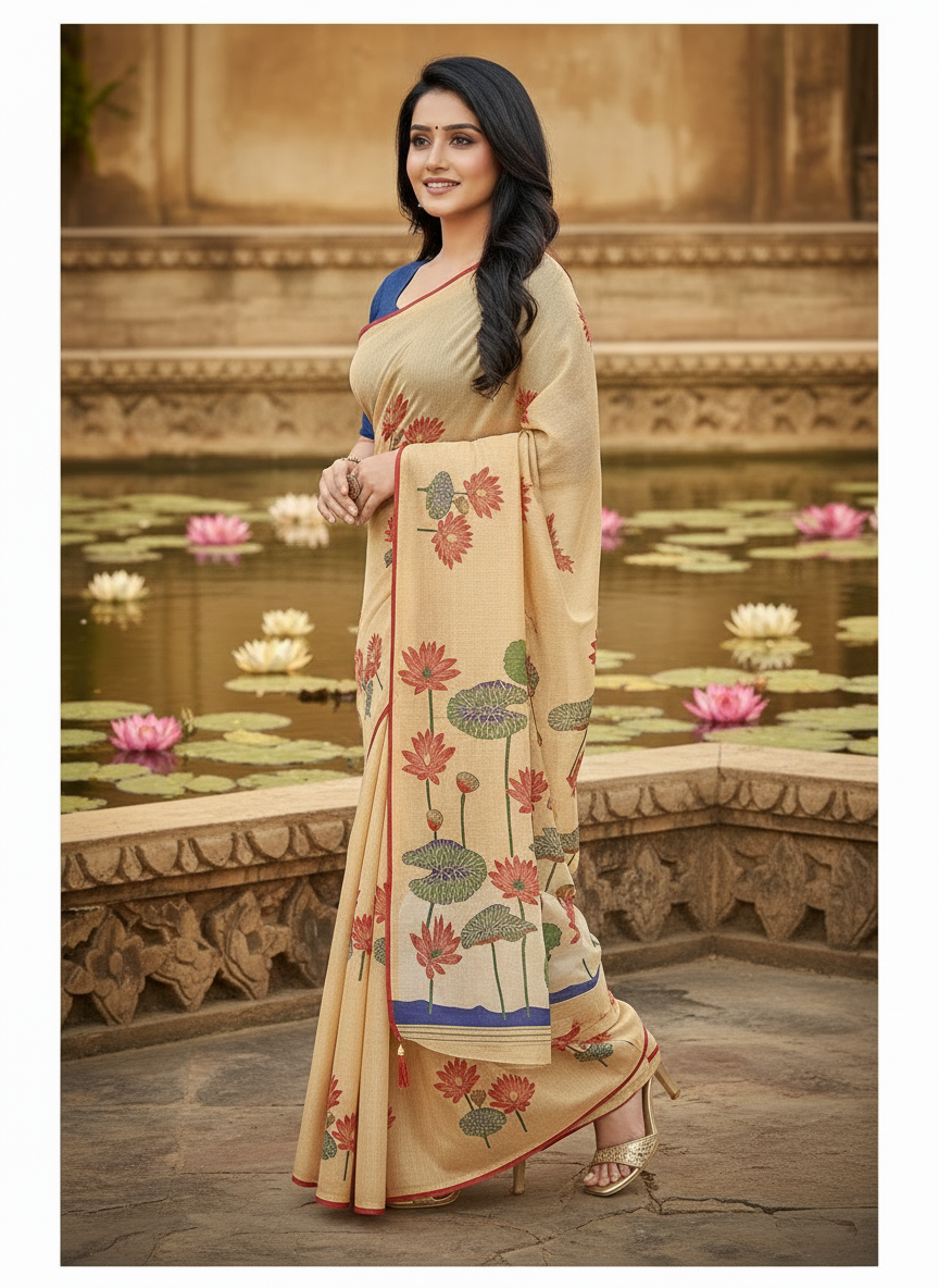Khushi Beige Lotus Print Saree with Contrast Border-Cotton