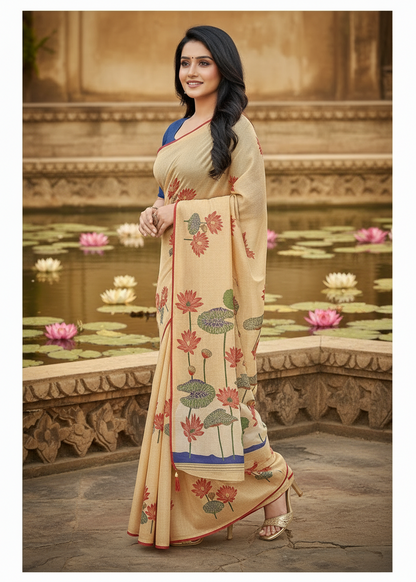 Khushi | Beige Lotus Print Cotton Blend / Linen-Look Saree 🌸✨